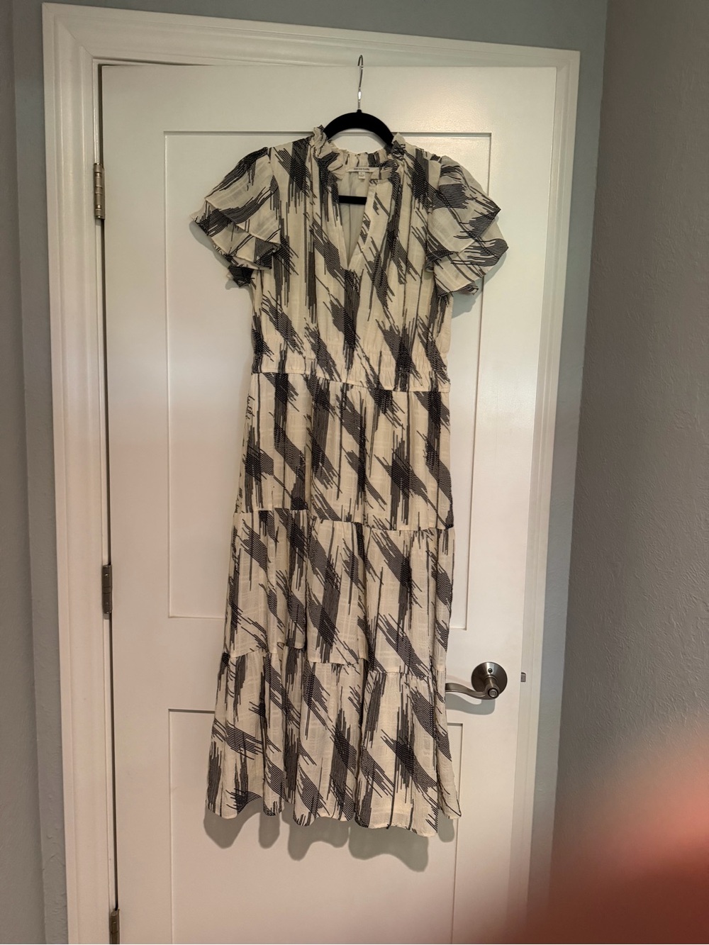 Ivory and Black Abstract Tiered Midi Dress